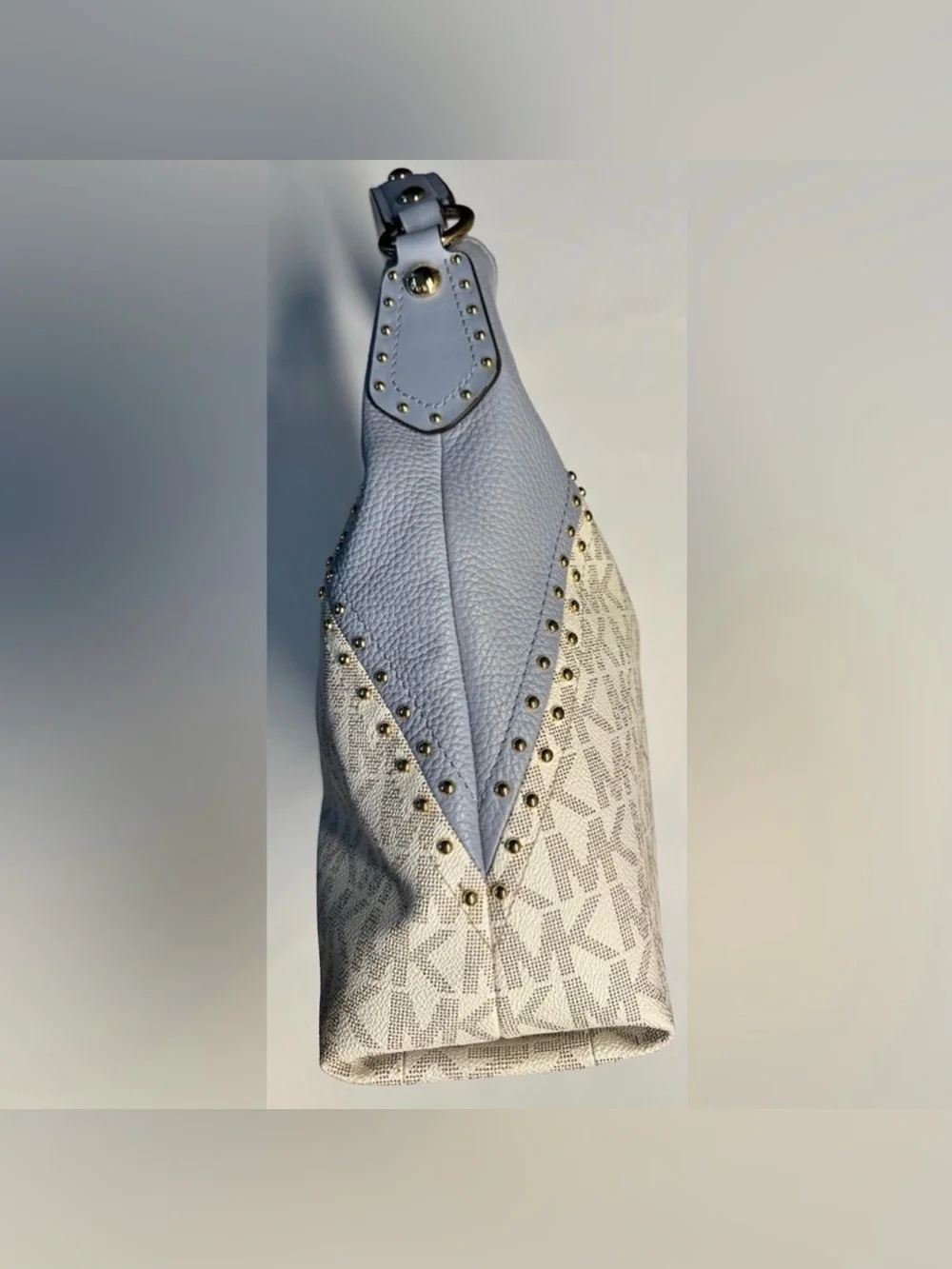 Michael Kors Signature MK Powder Blue Studded Hobo Shoulder Crossbody Bag Purse